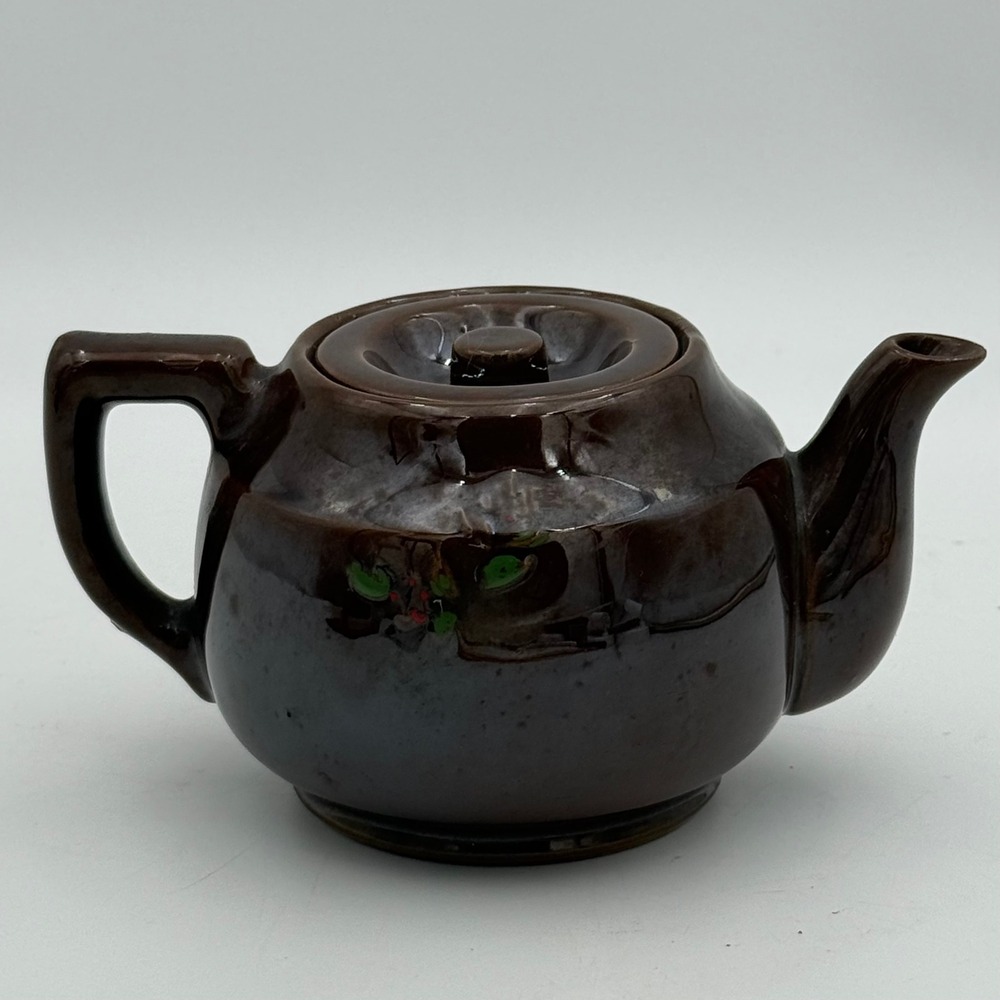 Vintage Made in Japan Brown Glazed Ceramic Floral Teapot Hand Painted 4.5 Inch